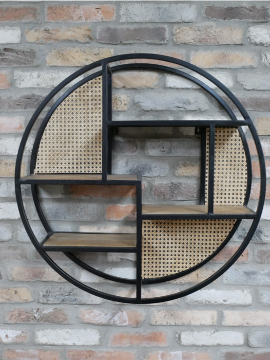 Round Black Metal & Rattan Wall Shelf