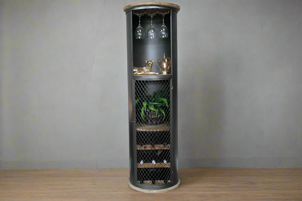 Industrial Distressed Black Metal Barrel Bar / Wine Cabinet