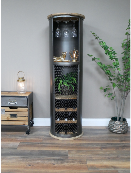 Industrial Distressed Black Metal Barrel Bar / Wine Cabinet