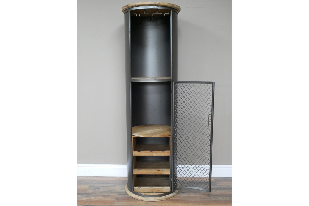 Industrial Distressed Black Metal Barrel Bar / Wine Cabinet