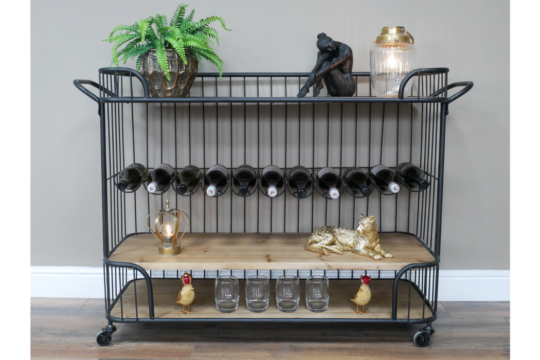 Industrial Metal & Wood Wine Rack Trolley