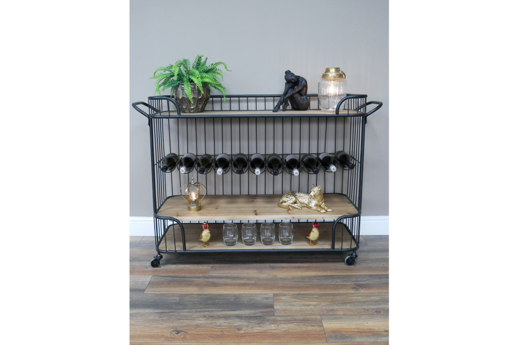 Industrial Metal & Wood Wine Rack Trolley