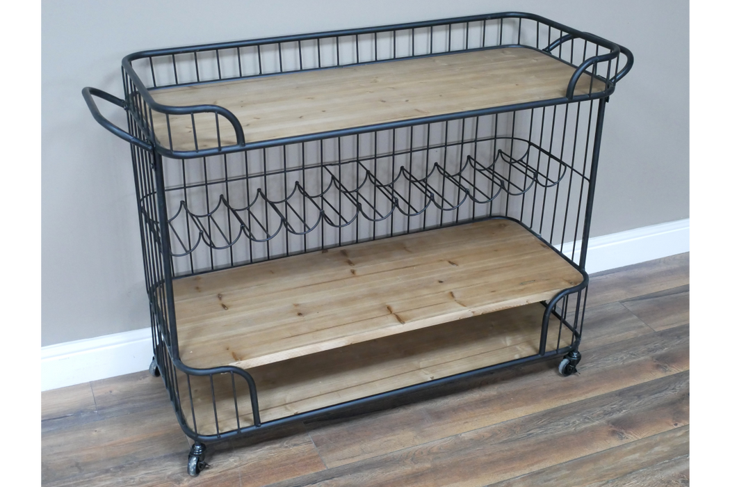 Industrial Metal & Wood Wine Rack Trolley