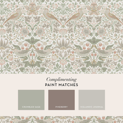 William Morris At Home Wallpaper - Strawberry Thief - Sage & Pink