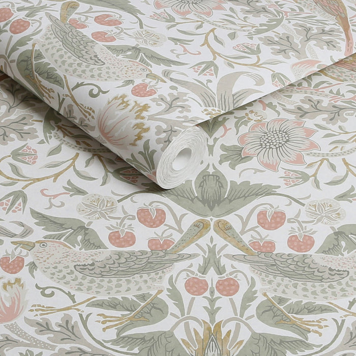 William Morris At Home Wallpaper - Strawberry Thief - Sage & Pink