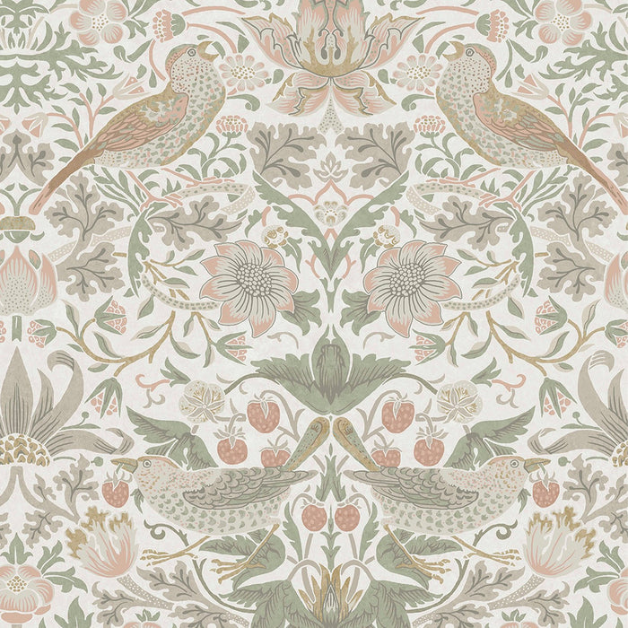 William Morris At Home Wallpaper - Strawberry Thief - Sage & Pink