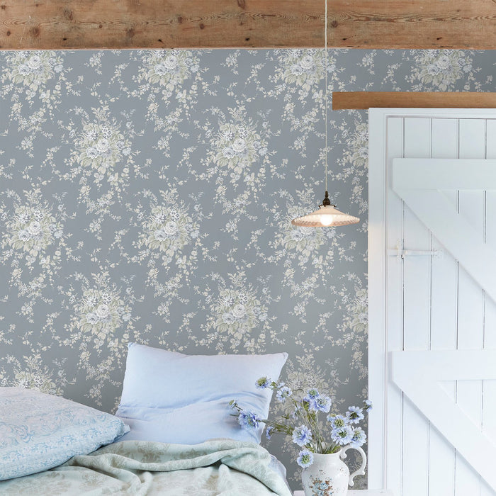 Shabby Chic Wallpaper by Rachel Ashwell - Garden Floral - Soft Blue