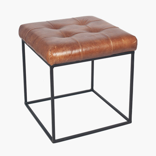 Vintage Brown Leather and Black Metal Frame Stool with Cushioning Detail