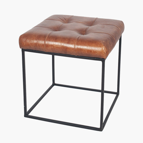 Vintage Brown Leather and Black Metal Frame Stool with Cushioning Detail