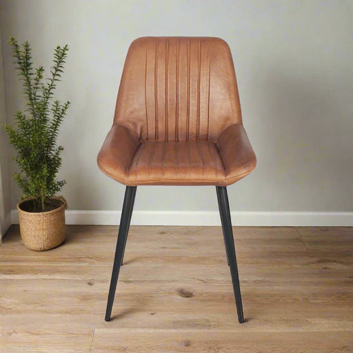 Classic Ribbed Brown Leather Dining Chair