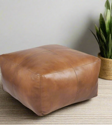 Square Tan Leather Pouffe