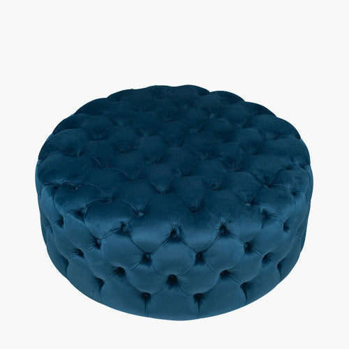 Delphine Sapphire Blue Velvet Round Buttoned Pouffe