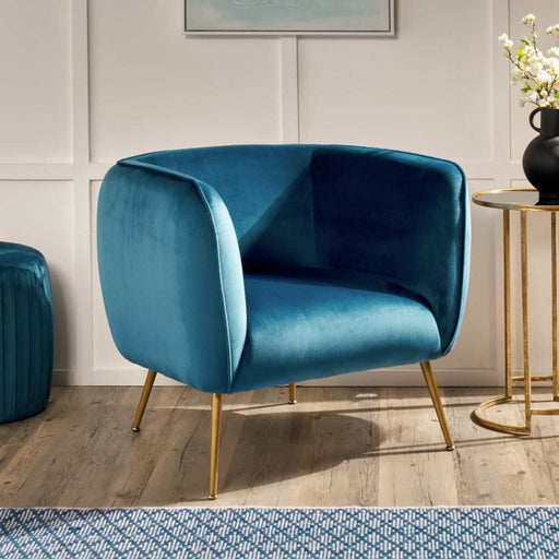 Clayton Accent Tub Chair, Blue Velvet, Gold or  Black Metal Legs