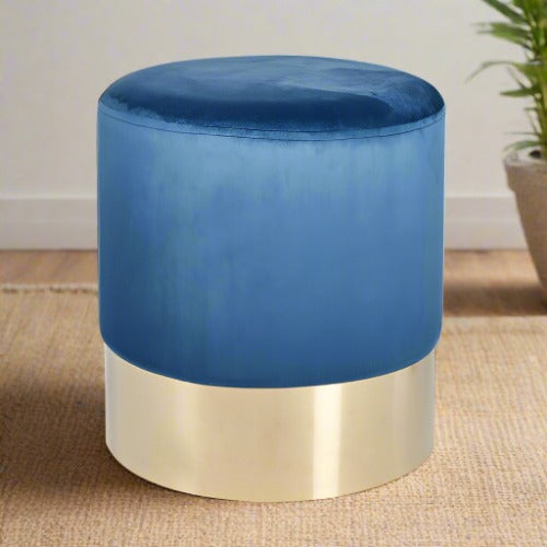 Sapphire Blue Velvet Pouffe with Gold Metal Base