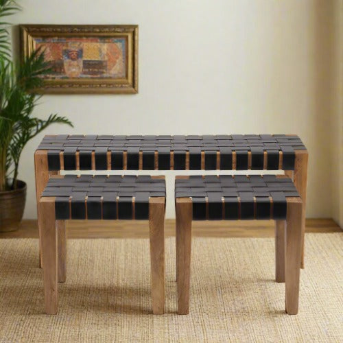 Contemporary Black Woven Leather and Mango Wood Set of 3 Seating Pieces