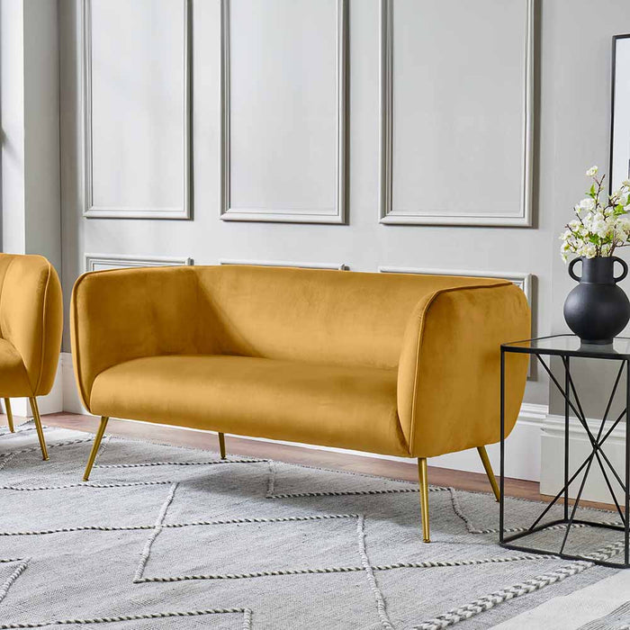 Clayton 2 Seater Sofa in Elegant Gold Velvet with Metal Legs Due Back Decor Interiors House Home