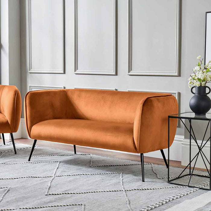 Clayton 2 Seater Sofa, Burnt Orange Velvet, Gold / Black Metal Legs