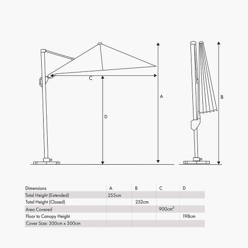 Glow Challenger Garden Parasol,T2,  3m x 3m, Anthracite Grey, Free Arm