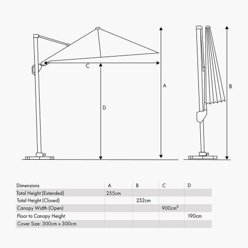 Glow Challenger Garden Paerasol, T2,  3m x 3m, Luna Grey,Free Arm