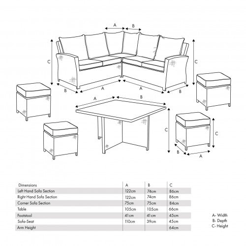 Langham Garden Furniture Corner Lounge / Dining Set, Square, Natural Rattan, Grey Cushions