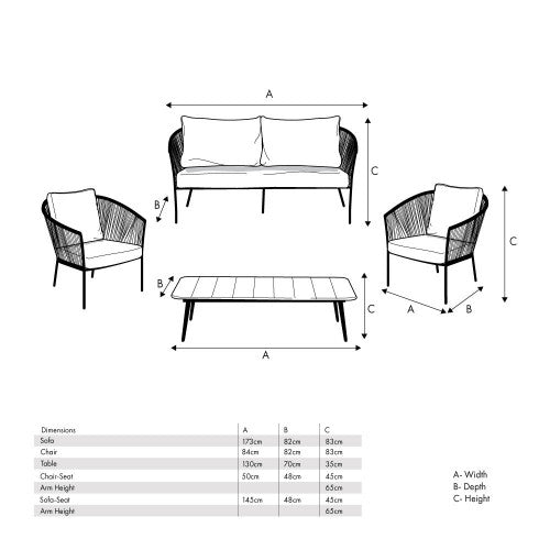 Santana Garden Furniture Lounge Set, Grey Metal & Rope, Grey Cushions