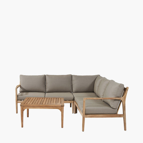 Shelby Garden Furniture Corner Lounge Set, Natural Wood, Grey Cushions