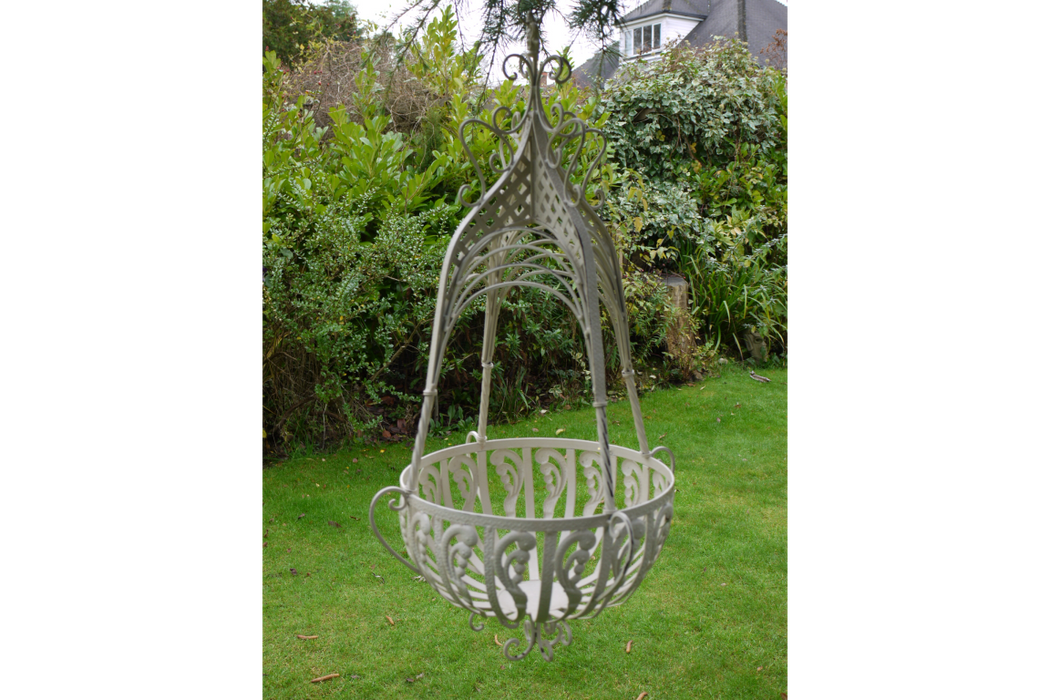 Outdoor Garden Planters, Cream Metal, Round, Large Hanging Basket