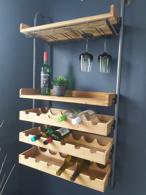 Industrial Wall Mounted Wine Rack – Iron Frame with Fir Wood Shelves - 