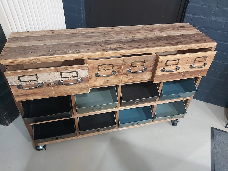 Rustic Sideboard, 3 Wooden Drawers, 8 Metal Storage