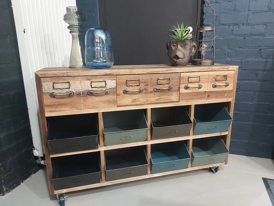 Rustic Sideboard, 3 Wooden Drawers, 8 Metal Storage