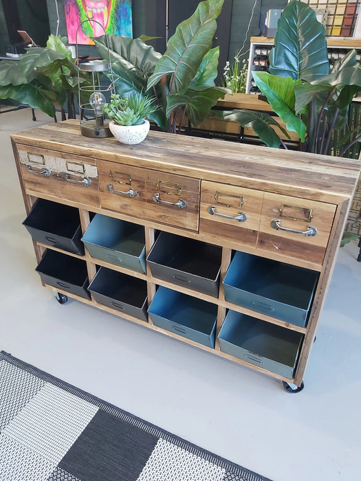 Rustic Sideboard, 3 Wooden Drawers, 8 Metal Storage