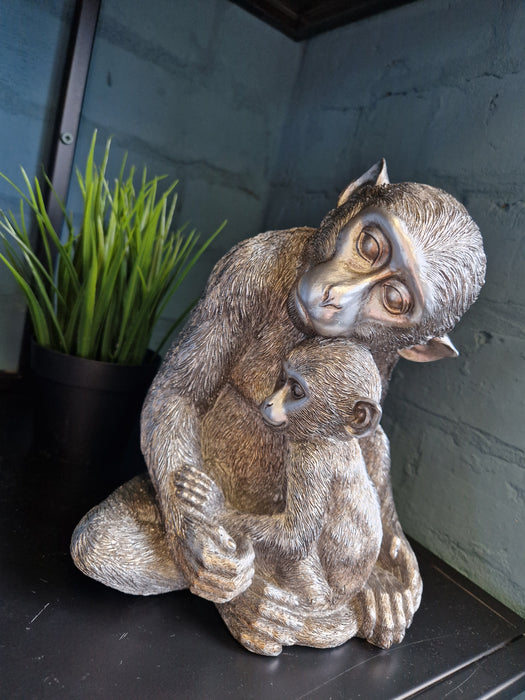 Antique Silver Monkey With Baby Figure