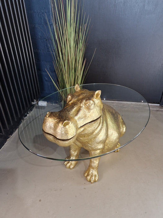 Large Side Coffee Table, Gold Metal Hippo, Round Glass Top