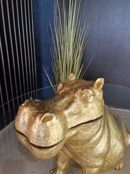 Large Side Coffee Table, Gold Hippo, Round Glass Top 