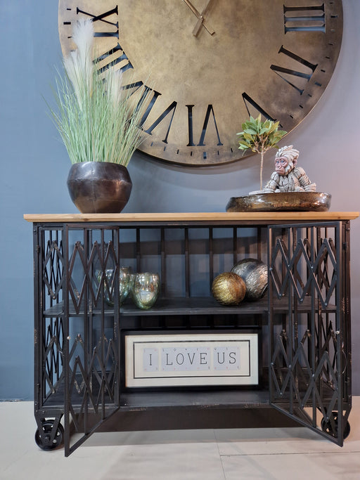 Industrial Sideboard, Shelving Unit, Black Metal Frame, Wooden Top