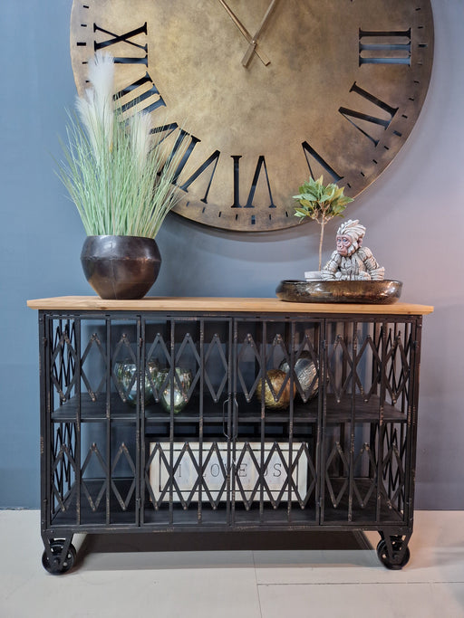 Industrial Sideboard, Shelving Unit, Black Metal Frame, Wooden Top