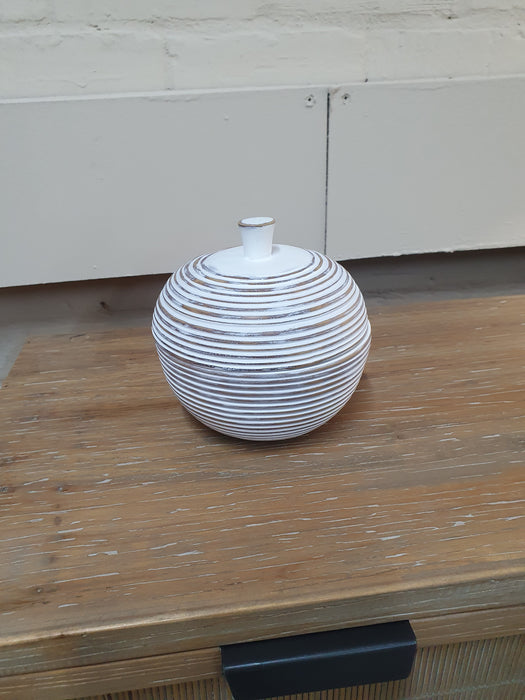 White Washed Ribbed Lidded Ceramic Jar