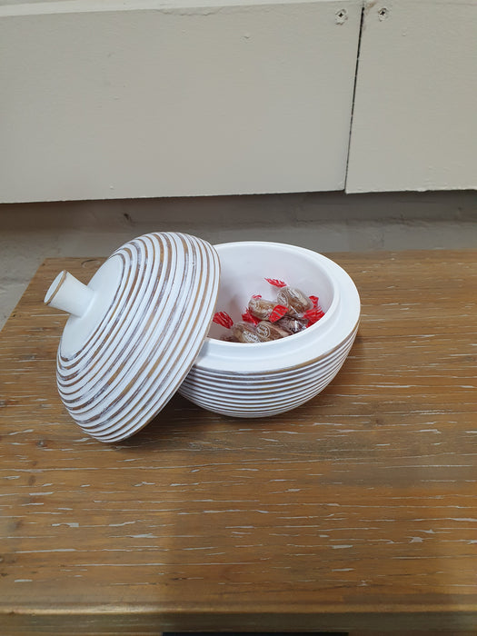 White Washed Ribbed Lidded Ceramic Jar