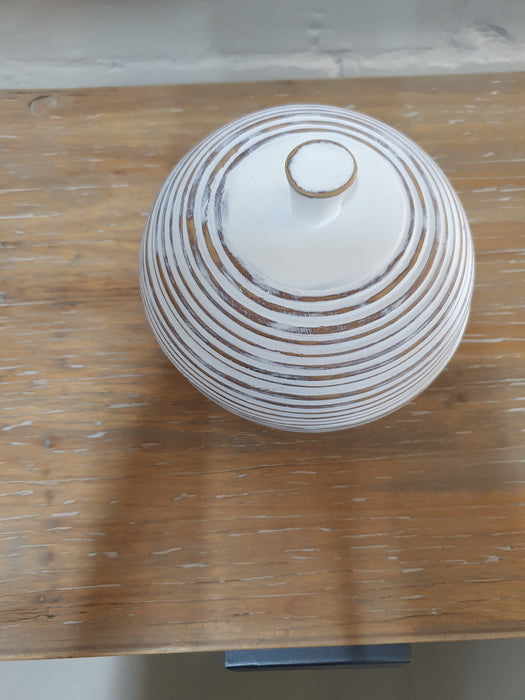 White Washed Ribbed Lidded Ceramic Jar