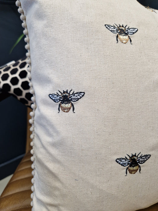 Malini Beeze Yellow Cushion with Embroidered Bees and Pom Pom Edge - 45x45cm