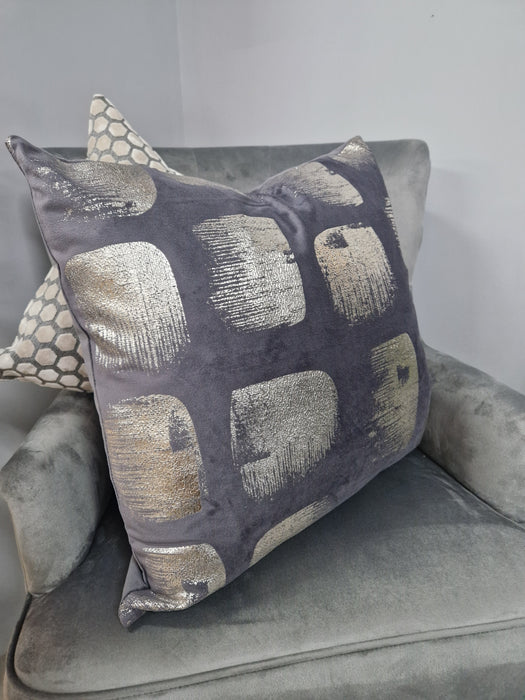 Malini Kyoto Dark Grey Velvet Cushion with Silver Foil Block Print - 50x50cm