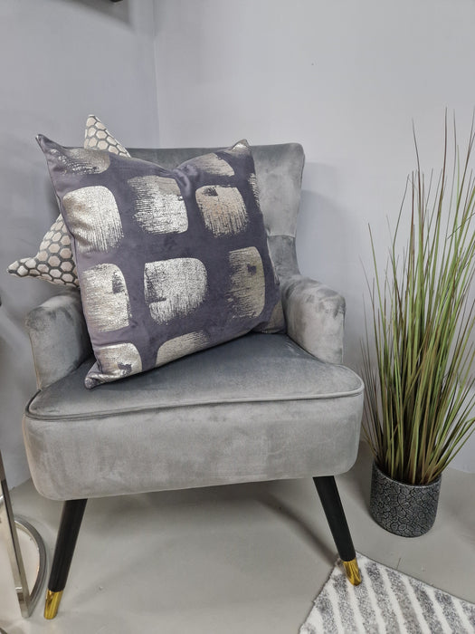 Malini Kyoto Dark Grey Velvet Cushion with Silver Foil Block Print - 50x50cm