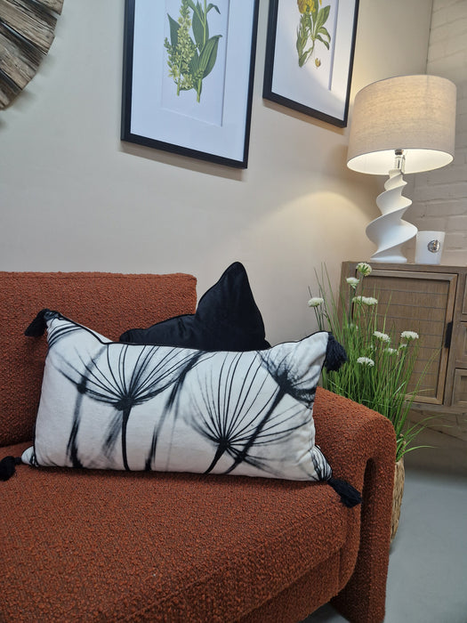 Malini Portofino Monochrome Velvet Cushion with Dandelion Print and Tassels - 35x65cm