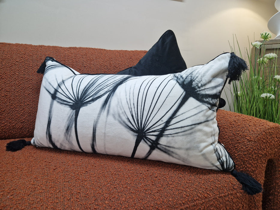 Malini Portofino Monochrome Velvet Cushion with Dandelion Print and Tassels - 35x65cm