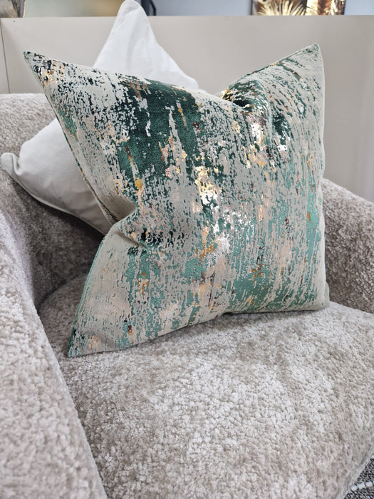 Malini Torcello Green Velvet Cushion with Flock and Foil Design - 43x43cm