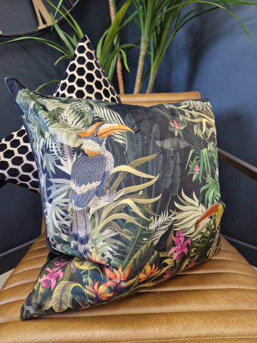 Toucan Embossed Velvet Cushion - Luxurious Green 45x45 cm