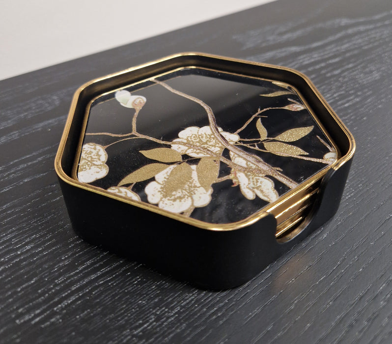 Floral Coasters, Gold & Black, Hexagon  - Set of 4