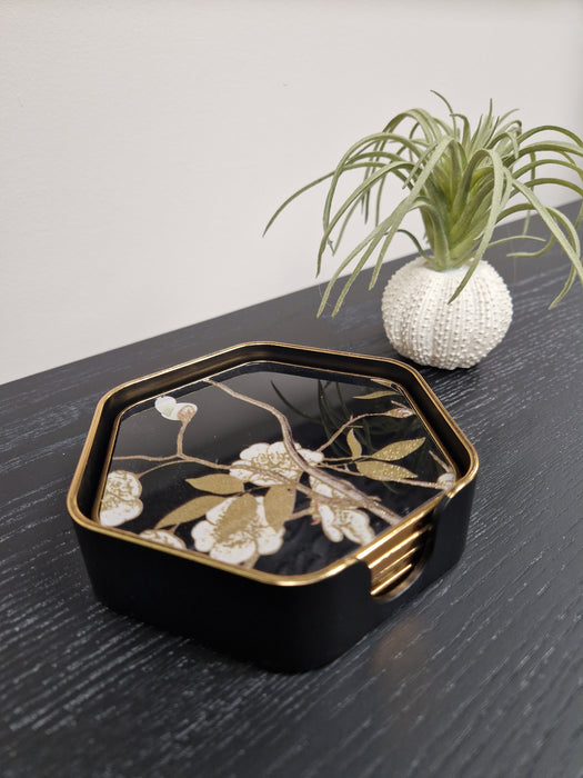 Floral Coasters, Gold & Black, Hexagon  - Set of 4