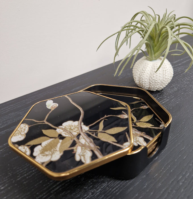 Floral Coasters, Gold & Black, Hexagon  - Set of 4