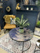 Prussian Coffee Table, Black Metal, Blue Leaf, Glass Top 